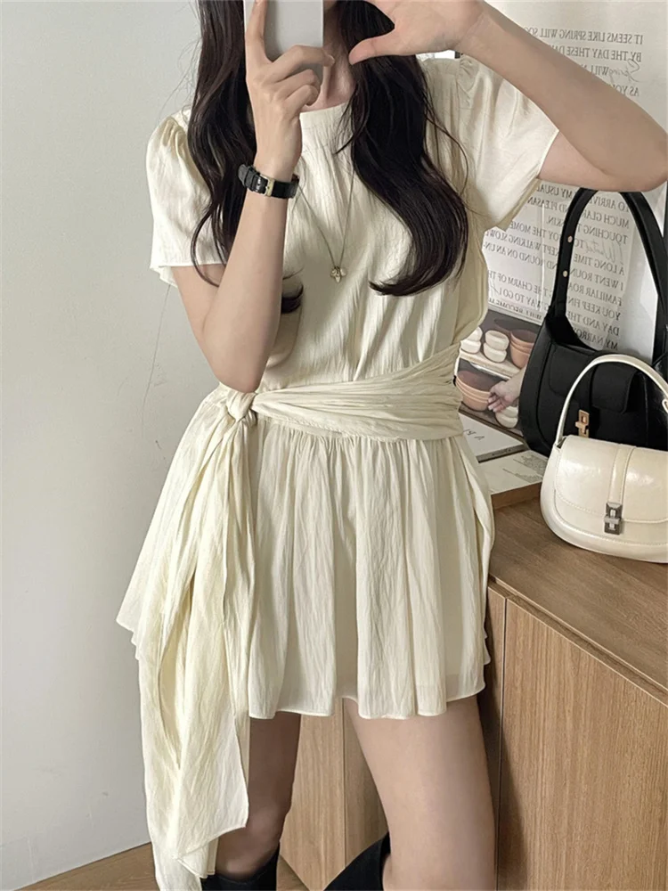 Elegant Short Sleeve Bandage Waist Dress Summer Women Korean Chic Style Short Sleeve O Neck Pleated Mini Dresses Female (CS2827
Elegant Short Sleeve Bandage Waist Dress Summer Women Korean Chic Style Short Sleeve O Neck Pleated Mini Dresses Female (CS2827
