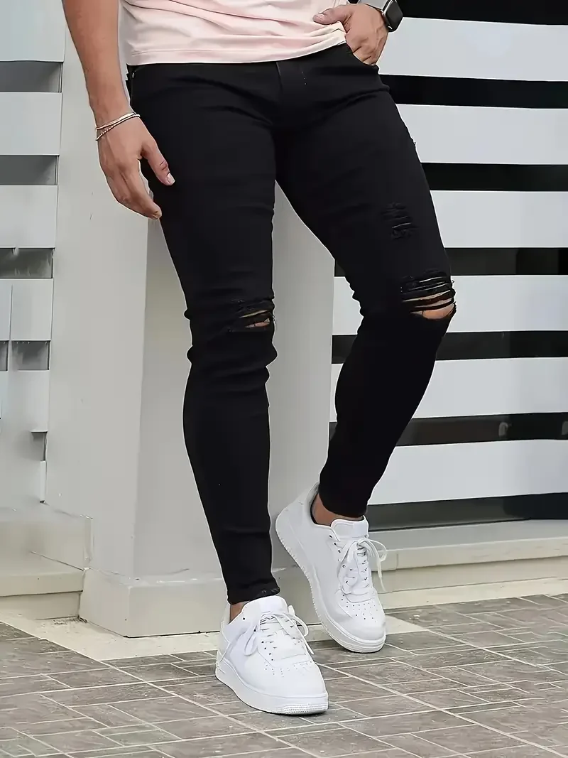 Men's Slim-Fit Ripped Jeans - Stylish Black Distressed Denim with Raw Hem, Comfortable & Versatile for All Seasons, Casual Stree
Men's Slim-Fit Ripped Jeans - Stylish Black Distressed Denim with Raw Hem, Comfortable & Versatile for All Seasons, Casual Stree