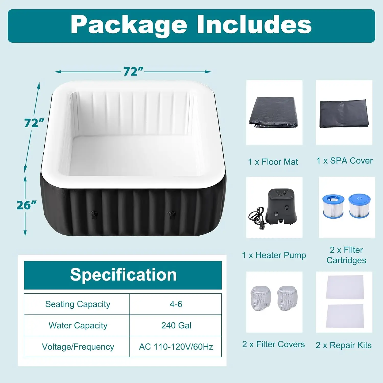 73" X 73" X 25" Square Inflatable Hot Tub, 4-6 Person Portable Outdoor Spa, Customized
73" X 73" X 25" Square Inflatable Hot Tub, 4-6 Person Portable Outdoor Spa, Customized