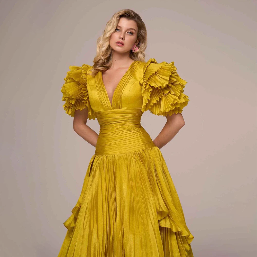 Luxury Golden Prom Dress V-neck A-line Short Sleeves Evening Party Gown Custom New Arrival Robes De Soirée with Ruched
Luxury Golden Prom Dress V-neck A-line Short Sleeves Evening Party Gown Custom New Arrival Robes De Soirée with Ruched