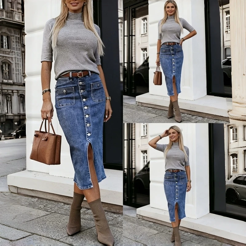 Women's High Waist Casual Denim Midi Skirt with Button Decor Front Slit And Pockets Classic Street Style Mid-Length Jean Skirt
Women's High Waist Casual Denim Midi Skirt with Button Decor Front Slit And Pockets Classic Street Style Mid-Length Jean Skirt