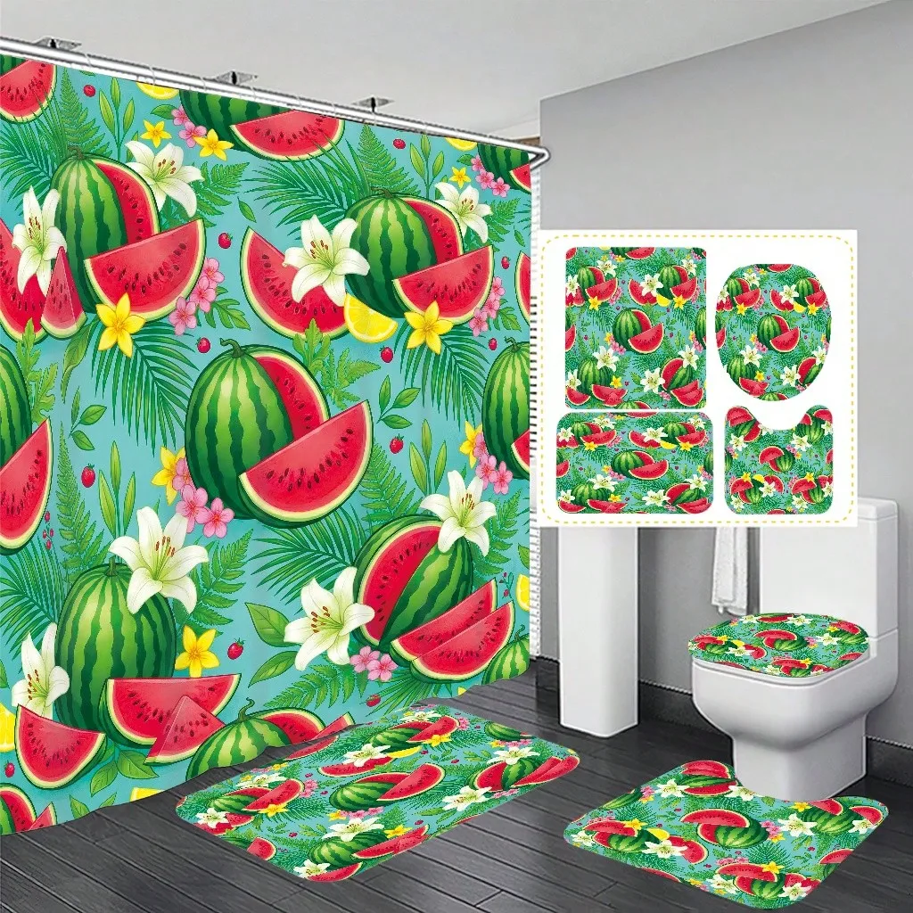 1pc/4pcs Summer Watermelon & Floral Pattern Bathroom Decor Shower Curtain Set, Free 12 Hooks Included, Elegant Holiday Atmosphere, Bathroom Mat, U-Shaped Toilet Mat And Round Toilet Mat, Suitable For All Scenarios Bathroom Set
1pc/4pcs Summer Watermelon & Floral Pattern Bathroom Decor Shower Curtain Set, Free 12 Hooks Included, Elegant Holiday Atmosphere, Bathroom Mat, U-Shaped Toilet Mat And Round Toilet Mat, Suitable For All Scenarios Bathroom Set