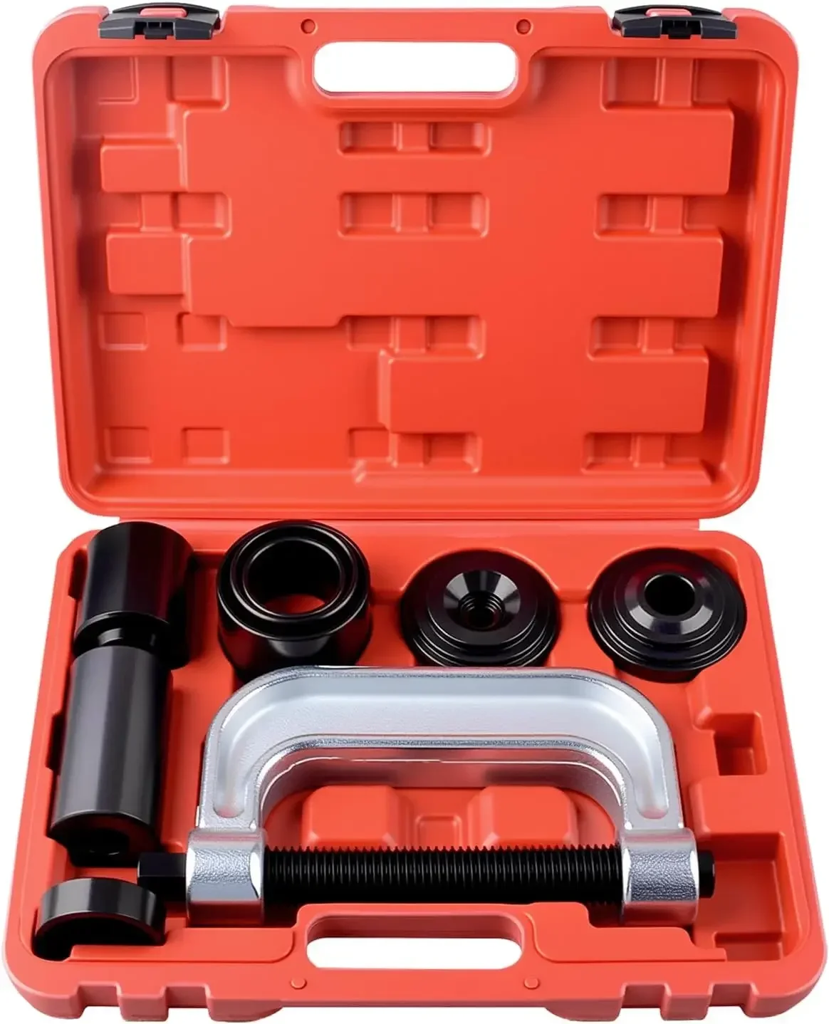 Universal ball joint press & U-joint removal tool kit with 4x4 adapters, red storage case.
Universal ball joint press & U-joint removal tool kit with 4x4 adapters, red storage case.