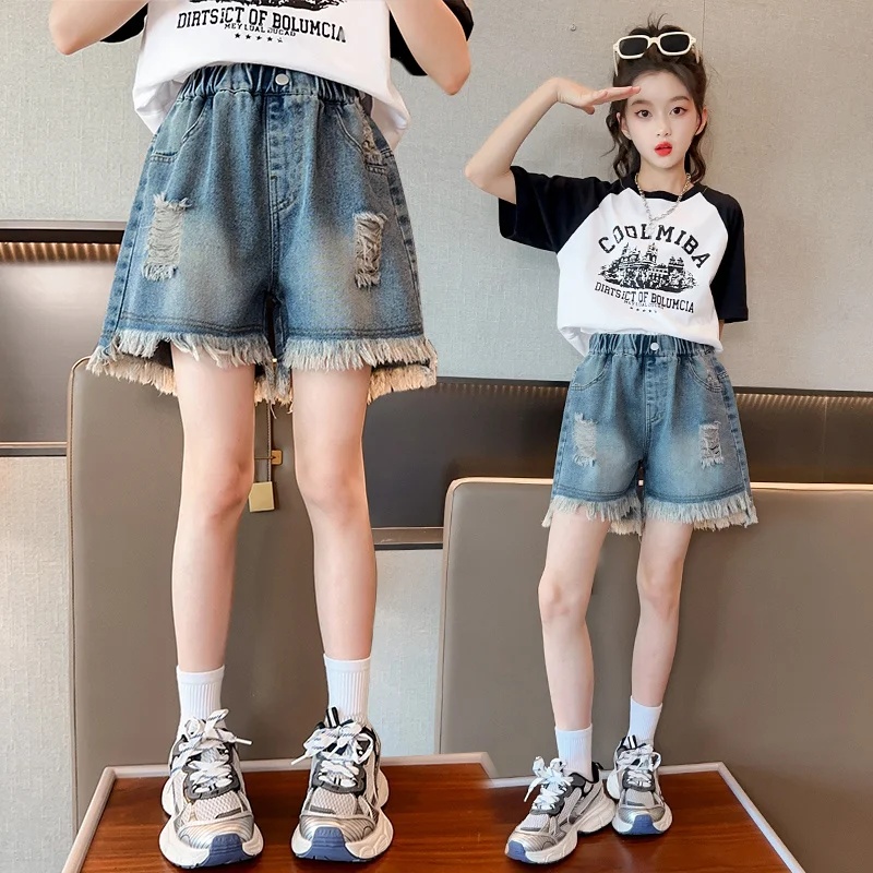 Hot Sale Kids Korean Ripped Denim Shorts with Tassel Teen Girls Elastic Waist Straight Leg Mini Jeans Tween Child Summer Shorts
Hot Sale Kids Korean Ripped Denim Shorts with Tassel Teen Girls Elastic Waist Straight Leg Mini Jeans Tween Child Summer Shorts