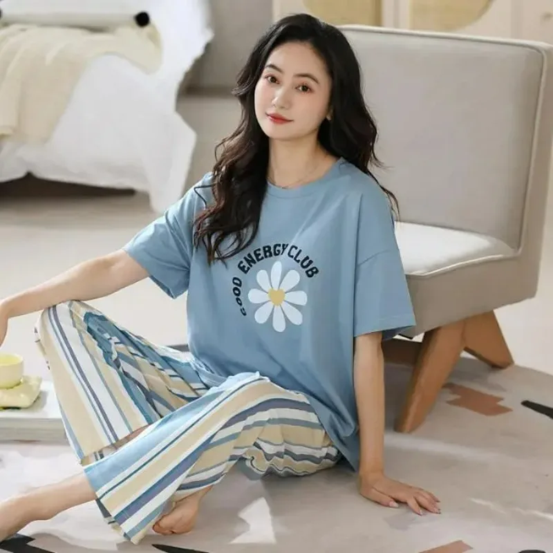 Spring Summer Soft Cotton Pajamas Set for Women Letter Print Short Sleeve Tops & Long Pants Sleepwear Casual Pyjamas Homewear
Spring Summer Soft Cotton Pajamas Set for Women Letter Print Short Sleeve Tops & Long Pants Sleepwear Casual Pyjamas Homewear