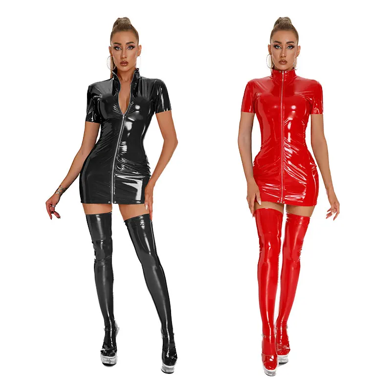 Women's Fashion Erotic Zipper Short Sleeve Mini Dress Stand Collar Wetlook Leather Latex Sexy Skinny Bodycon Dresses Black Red
Women's Fashion Erotic Zipper Short Sleeve Mini Dress Stand Collar Wetlook Leather Latex Sexy Skinny Bodycon Dresses Black Red