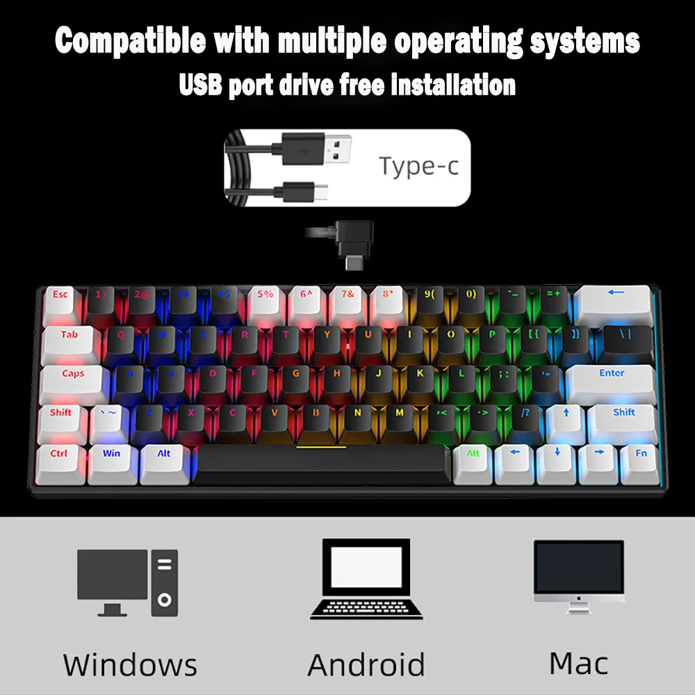 Игровая клавиатура с 64 клавишами, проводная, с цветной подсветкой, с эффектом механической клавиатуры, компьютерные периферийные устройства для киберспорта, для настольных ПК и ноутбуков
Игровая клавиатура с 64 клавишами, проводная, с цветной подсветкой, с эффектом механической клавиатуры, компьютерные периферийные устройства для киберспорта, для настольных ПК и ноутбуков