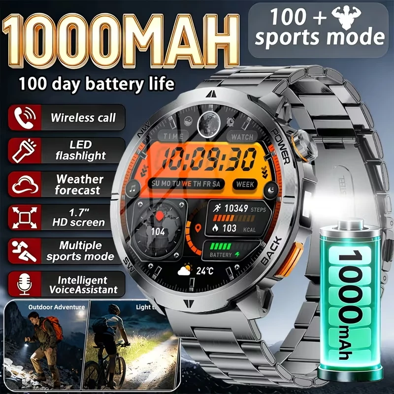 2026 New 1000 mAh long-lasting battery Men Smart Watch LED Flashlight 100+sports modes heart rate 1.7” Bluetooth Call Smartwatch
2026 New 1000 mAh long-lasting battery Men Smart Watch LED Flashlight 100+sports modes heart rate 1.7” Bluetooth Call Smartwatch