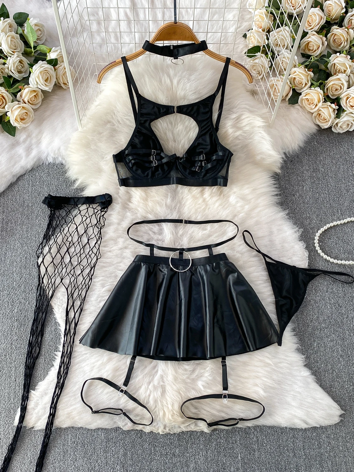 Dark Style Sexy Hollow out Strap PU Leather Black Silk Slimming Long Leg Three Piece Set Short Dress High Waist Pants V Neck
Dark Style Sexy Hollow out Strap PU Leather Black Silk Slimming Long Leg Three Piece Set Short Dress High Waist Pants V Neck