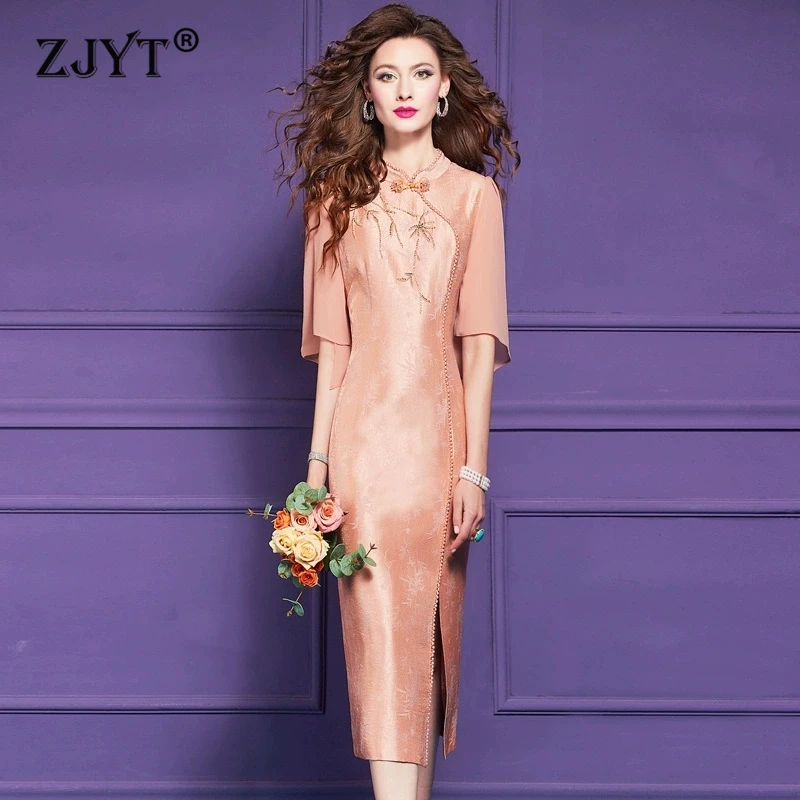 ZJYT Summer Elegant Chinese Style Pearls Beading Cheongsam Dress Women Stand Collar Short Sleeve Midi Vintage Dresses Plus Size
ZJYT Summer Elegant Chinese Style Pearls Beading Cheongsam Dress Women Stand Collar Short Sleeve Midi Vintage Dresses Plus Size