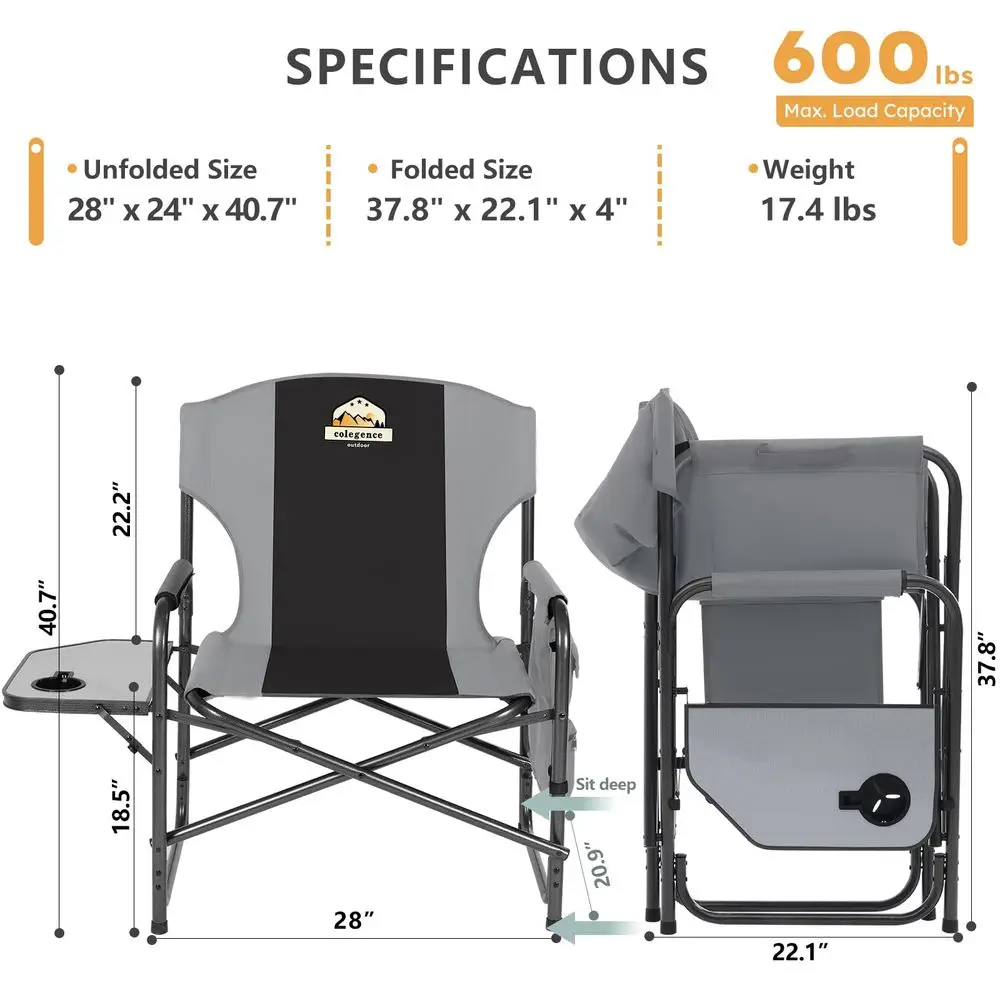Oversized Directors Camping Chair Set of 2 Support 600 LBS, Heavy Duty Folding Outdoor Chairs with Detachable Side Pocket and A
Oversized Directors Camping Chair Set of 2 Support 600 LBS, Heavy Duty Folding Outdoor Chairs with Detachable Side Pocket and A