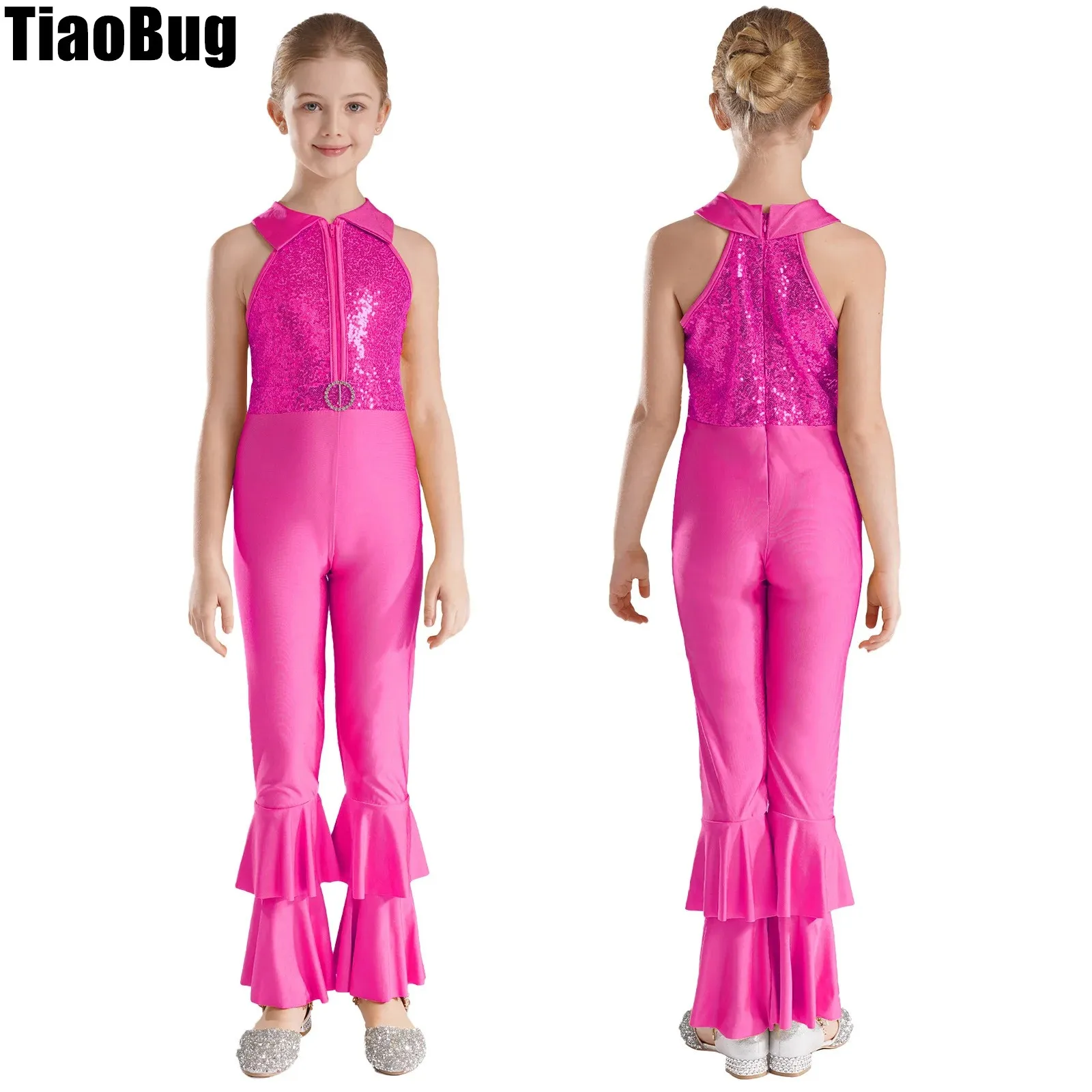 Kids Girls Shiny Sequins Dance Leotards Decorated Zipper Sleeveless O-ring Front Tiered Bell-bottom Long Pants Style Jumpsuit
Kids Girls Shiny Sequins Dance Leotards Decorated Zipper Sleeveless O-ring Front Tiered Bell-bottom Long Pants Style Jumpsuit