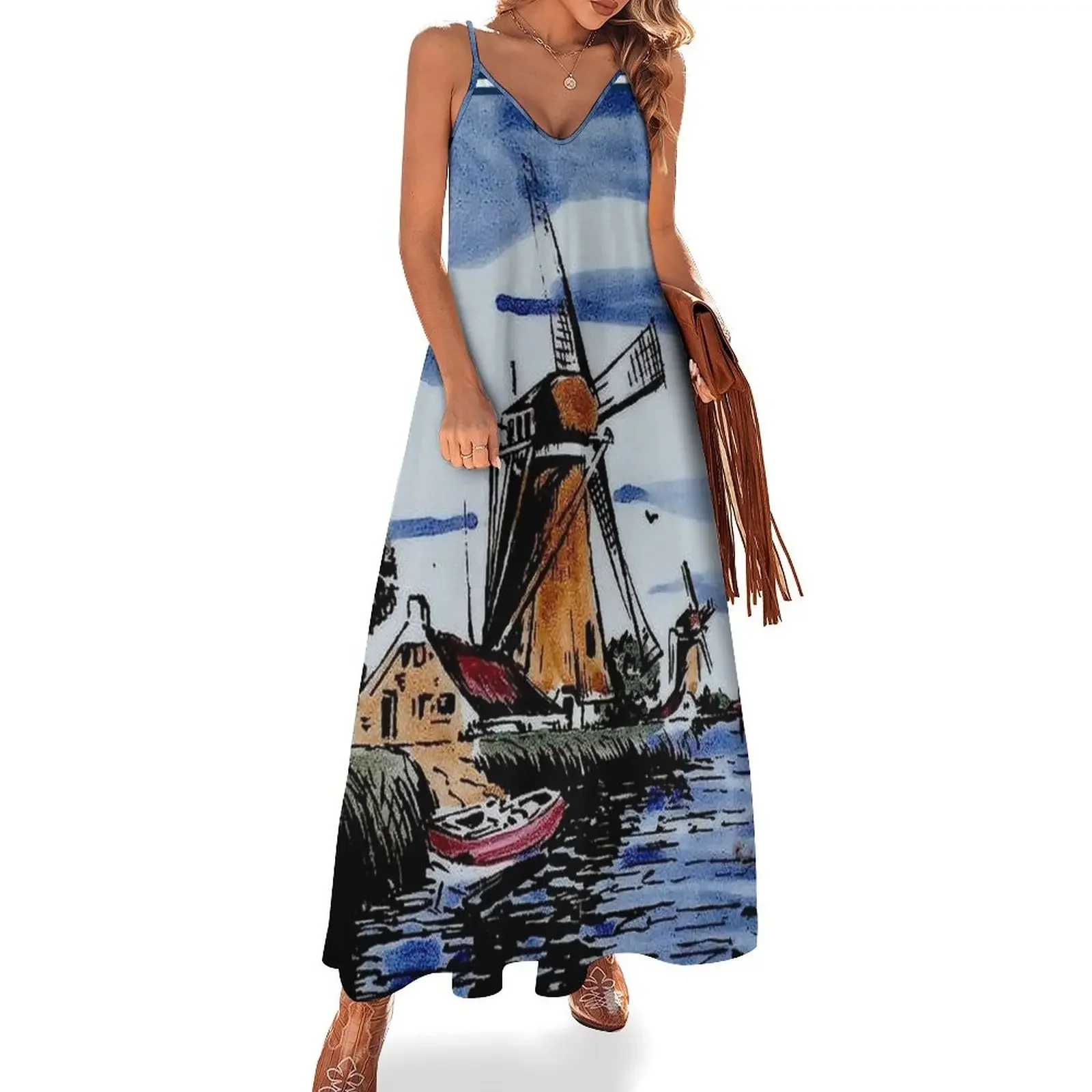 DUTCH BLUE DELFT : Vintage Colorful Windmills and boat on River Print Sleeveless Dress elegant chic wedding evening dresses
DUTCH BLUE DELFT : Vintage Colorful Windmills and boat on River Print Sleeveless Dress elegant chic wedding evening dresses