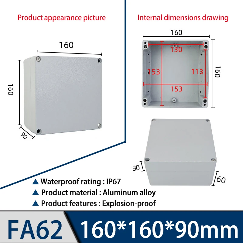 FA62 cast aluminum junction box, 160*160*90mm, waterproof, explosion-proof, dust-proof
FA62 cast aluminum junction box, 160*160*90mm, waterproof, explosion-proof, dust-proof