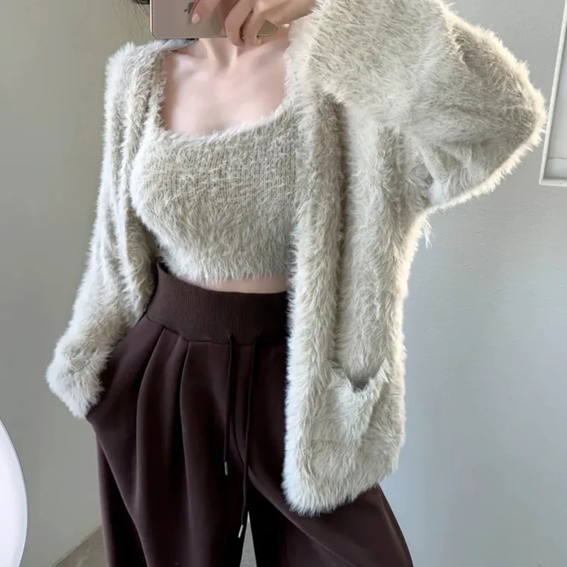 Korean Sle Lazy Thiened Knitted Sweater Vest Long Sve Faux Fur Soft Plu Women's Two-Piece Set Winter Commute Faion
Korean Sle Lazy Thiened Knitted Sweater Vest Long Sve Faux Fur Soft Plu Women's Two-Piece Set Winter Commute Faion