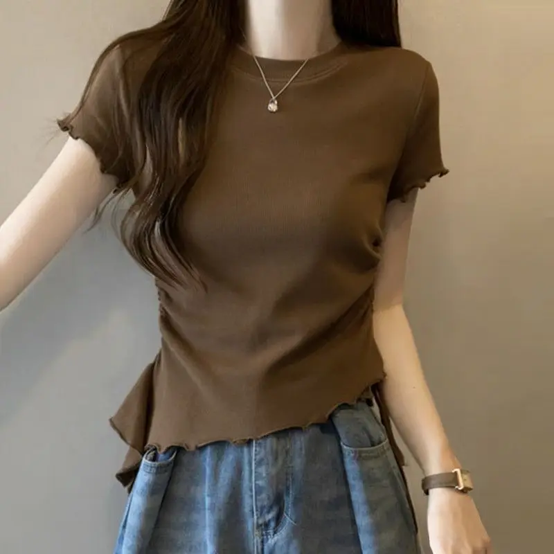 Brown Knit T-Shirt With Ruffled Hem And Short Sleeves For Women Casual Daily Wear Slim Fit Office Outfit
Brown Knit T-Shirt With Ruffled Hem And Short Sleeves For Women Casual Daily Wear Slim Fit Office Outfit