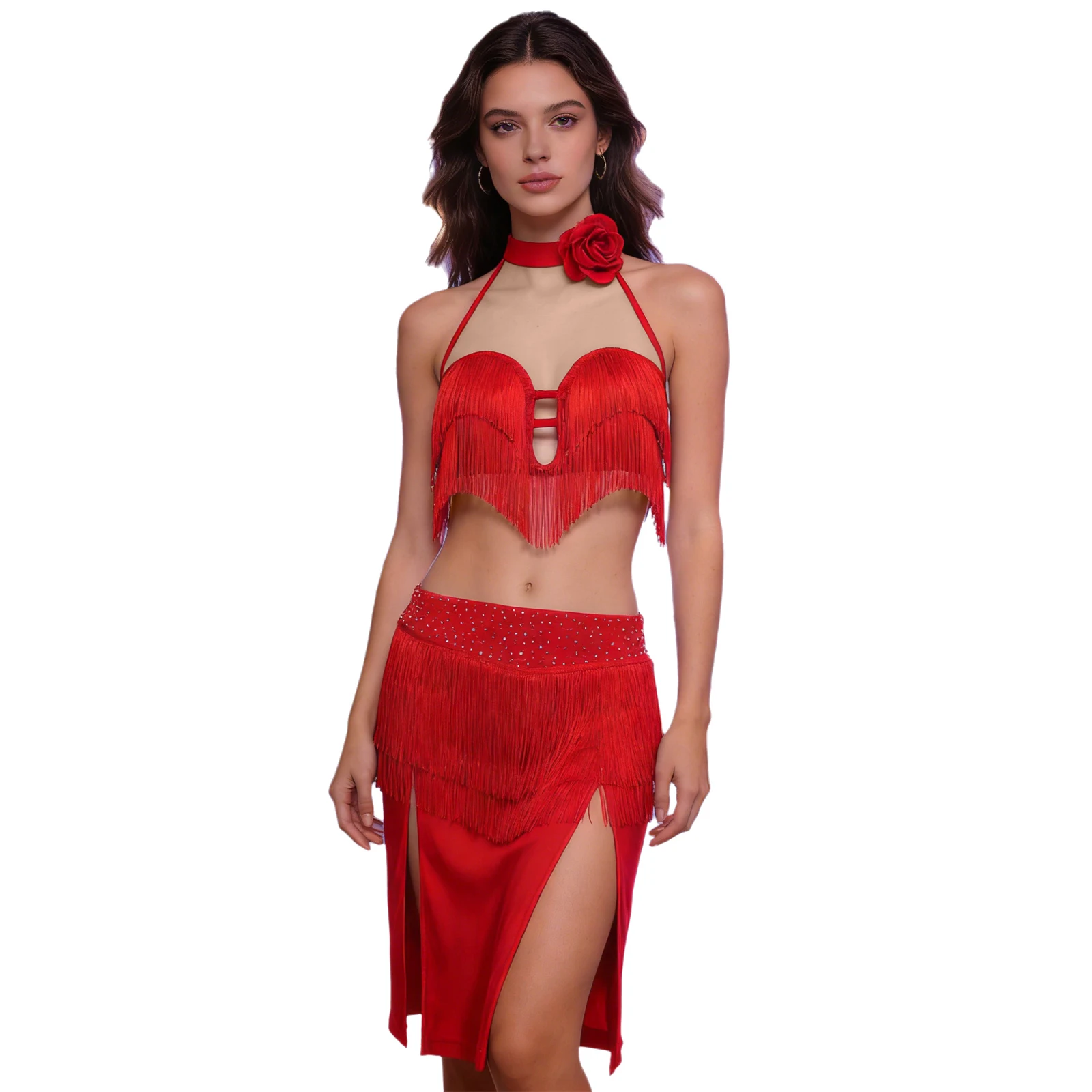 Women Samba Latin Dance Outfit 3D Flower Fringe Crop Top with Tiered Tassels Skirt Set Salsa Chacha Tango Performance Dresses
Women Samba Latin Dance Outfit 3D Flower Fringe Crop Top with Tiered Tassels Skirt Set Salsa Chacha Tango Performance Dresses