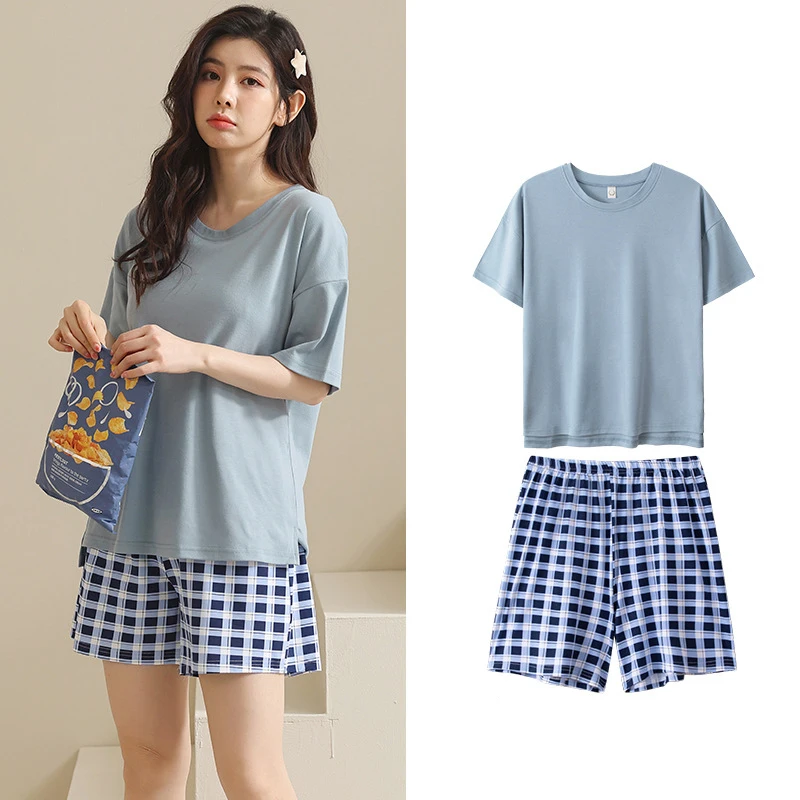 Summer Korean Pajama for Women Loungewear Sleepwear Set Girls Sweet T Shirt Plaid Shorts Homewear Suit
Summer Korean Pajama for Women Loungewear Sleepwear Set Girls Sweet T Shirt Plaid Shorts Homewear Suit