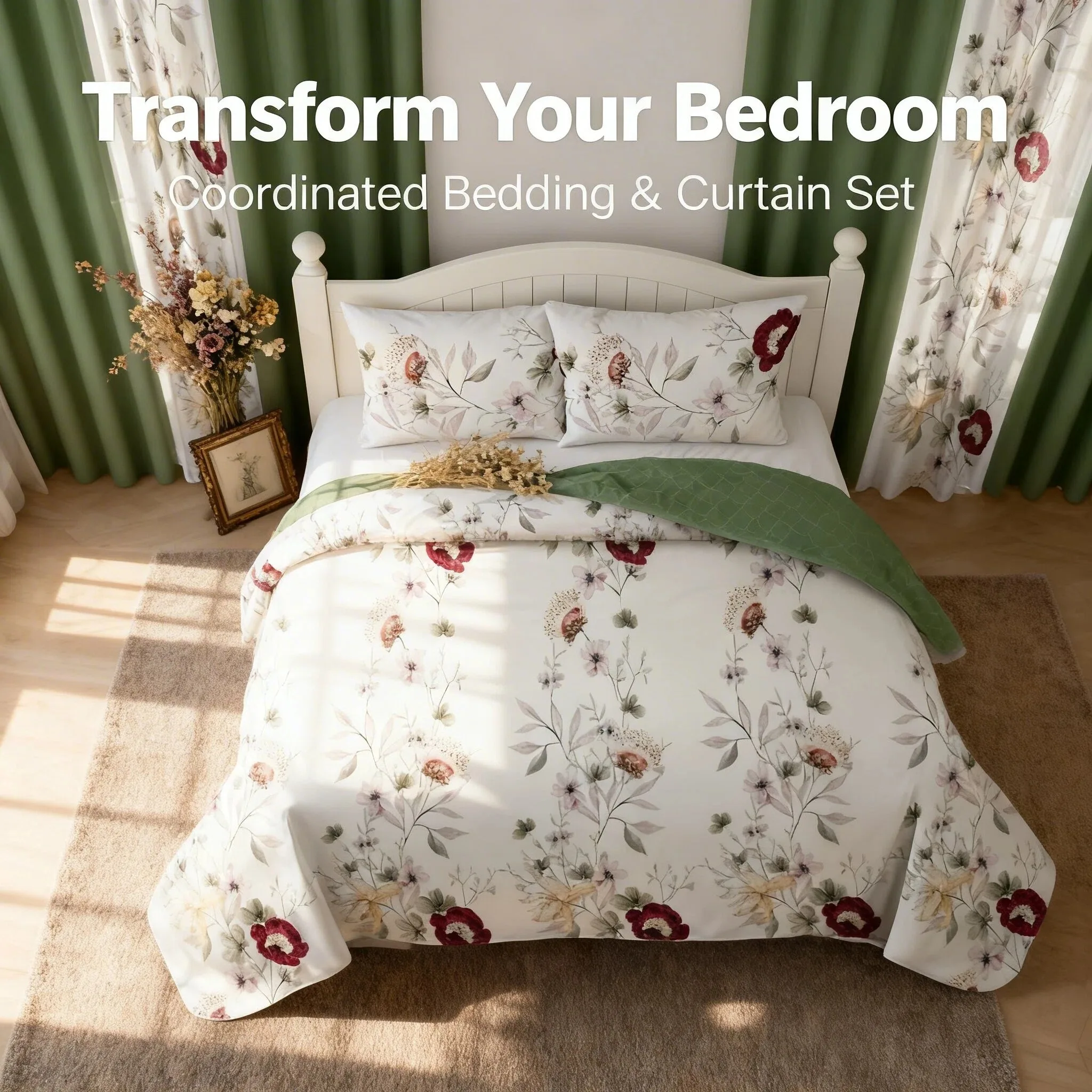 9-Piece Sage Green Botanical Floral Bedding & Curtain Combo Set, Vintage Quilted Bedspread with 6 Light Filtering Window Panels & 2 Shams, Easy Care Microfiber Coverlet, Pet Friendly
9-Piece Sage Green Botanical Floral Bedding & Curtain Combo Set, Vintage Quilted Bedspread with 6 Light Filtering Window Panels & 2 Shams, Easy Care Microfiber Coverlet, Pet Friendly