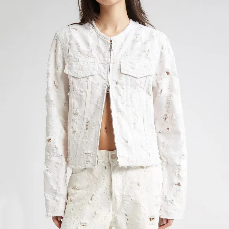 Women's heavy duty washed and ripped denim jacket coat, round neck long sleeve top, high quality trouser set, summer, new, 2025
Women's heavy duty washed and ripped denim jacket coat, round neck long sleeve top, high quality trouser set, summer, new, 2025