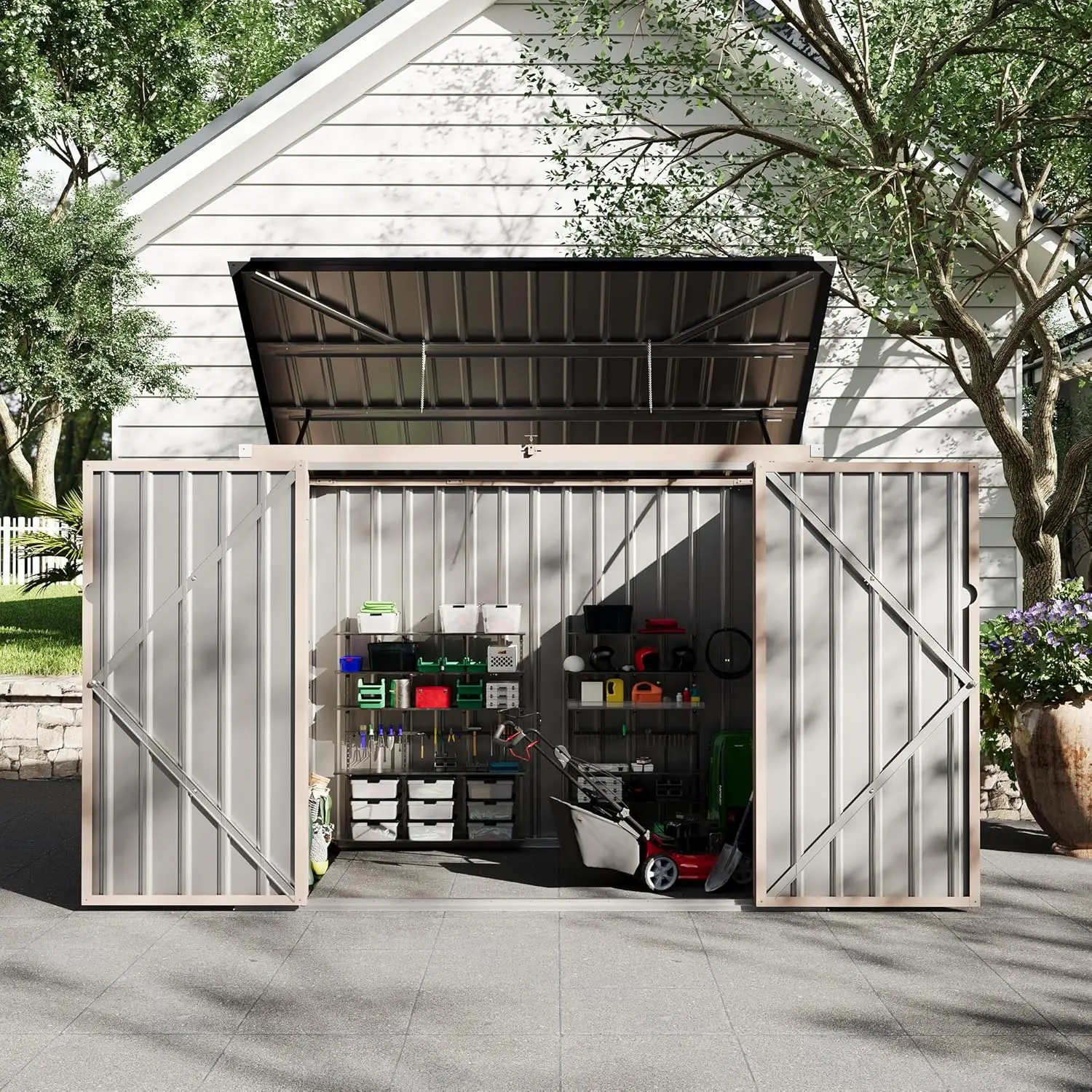 3x6x4 FT 2 Trash Cans Metal Outdoor Storage, Garbage Bin Storage Shed with Chain Lid, Metal Outdoor
3x6x4 FT 2 Trash Cans Metal Outdoor Storage, Garbage Bin Storage Shed with Chain Lid, Metal Outdoor