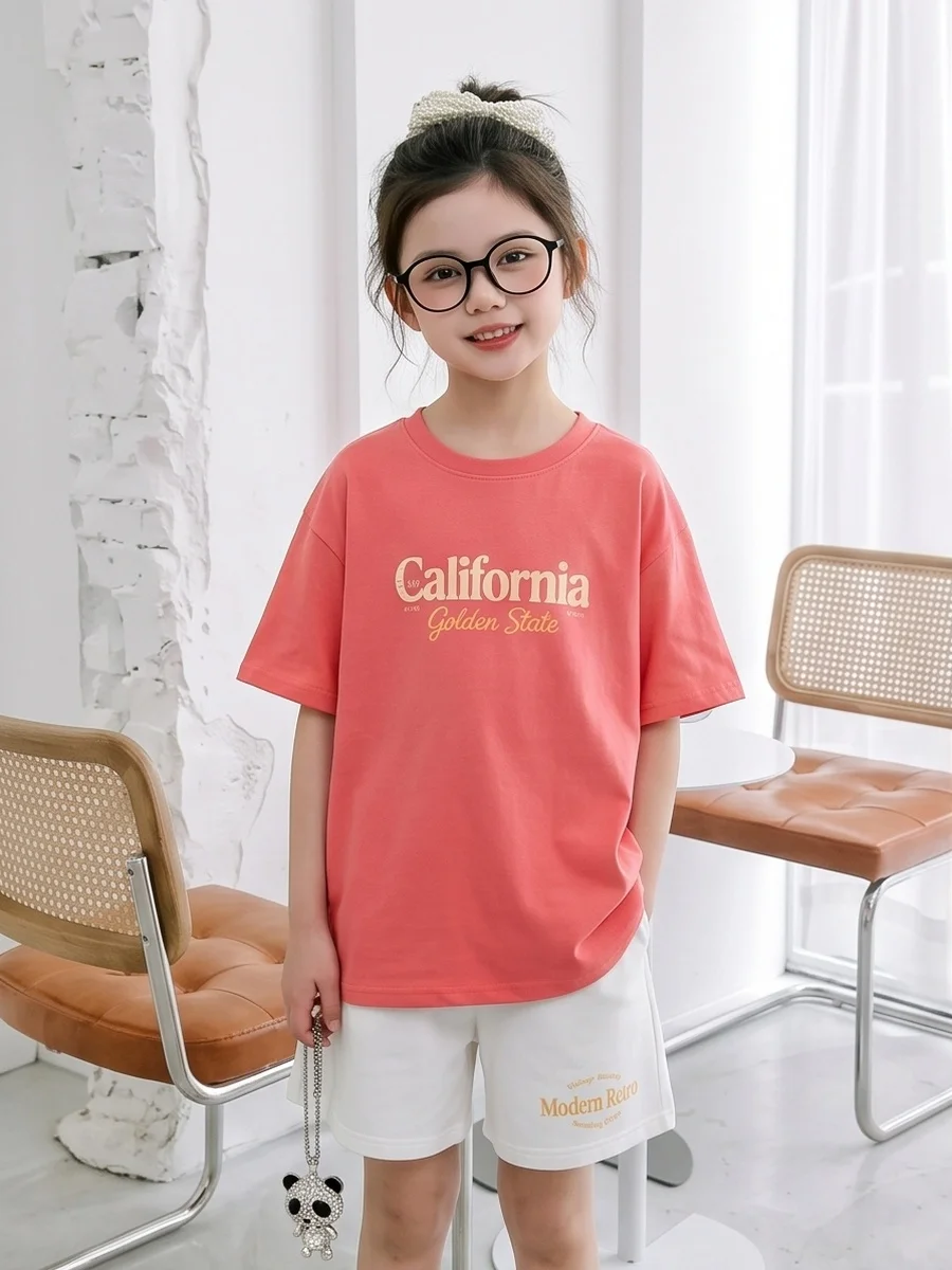 Girls 2 Piece Set Summer Cotton T Shirt Shorts Vintage California Letter Print Casual Daily Outfit Kids Clothing 100-170 CA2
Girls 2 Piece Set Summer Cotton T Shirt Shorts Vintage California Letter Print Casual Daily Outfit Kids Clothing 100-170 CA2
