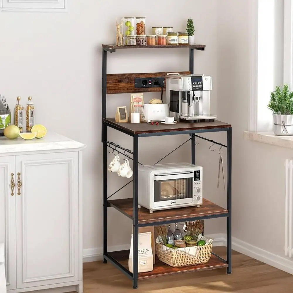 4-Tier Bakers Rack with Power Outlet, Microwave Stand, 6 S-Hooks, Kitchen Storage, Rustic Brown
4-Tier Bakers Rack with Power Outlet, Microwave Stand, 6 S-Hooks, Kitchen Storage, Rustic Brown