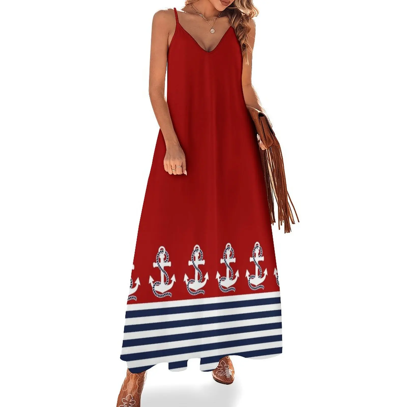 Nautical red white stripes and blue anchors on red background Sleeveless Dress Long dress womens dress Dresses gala
Nautical red white stripes and blue anchors on red background Sleeveless Dress Long dress womens dress Dresses gala