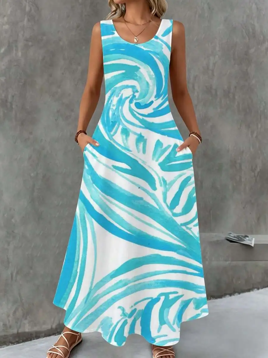 Sleeveless Maxi Dress Blue White Wave Print Summer Beach Vacation Wear
Sleeveless Maxi Dress Blue White Wave Print Summer Beach Vacation Wear