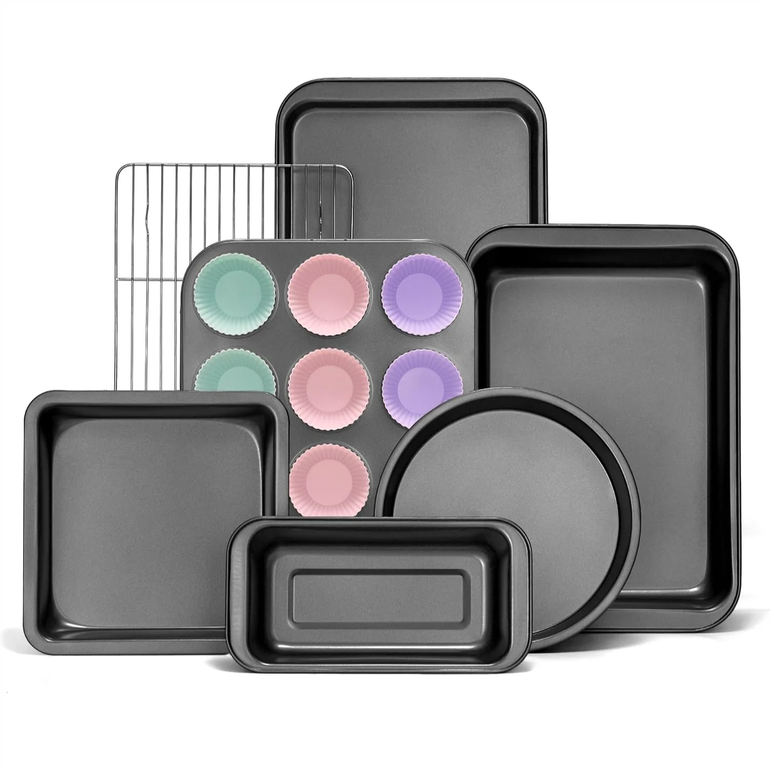 Compact Baking Pans Set 19-Piece Nonstick Bakeware with Cake Pan, Muffin Pan, Cookie Sheet, Cooling Rack
Compact Baking Pans Set 19-Piece Nonstick Bakeware with Cake Pan, Muffin Pan, Cookie Sheet, Cooling Rack