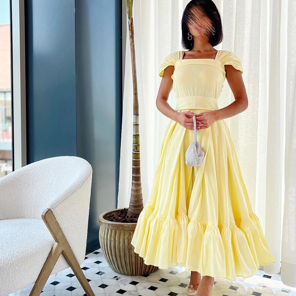 Saudi Evening Dresses Yellow Tea Length Square Neck Jersey Short Sleeves Straight Pleats Bespoke Occasion Gowns Classic Women
Saudi Evening Dresses Yellow Tea Length Square Neck Jersey Short Sleeves Straight Pleats Bespoke Occasion Gowns Classic Women