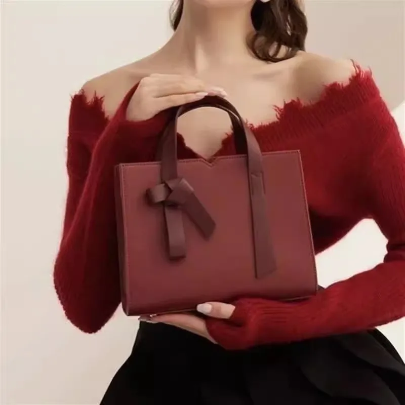 JIAERDI милая милая сумка с бантом, женская красная элегантная сумка в стиле ретро, женская квадратная кожаная сумка через плечо большой вместимости, шикарная сумка 2025