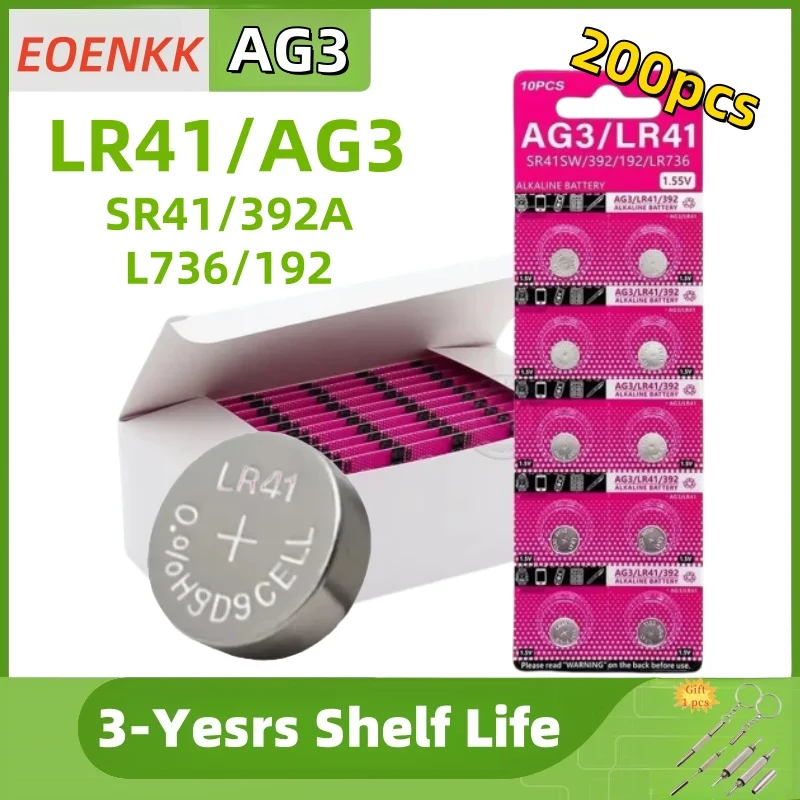 200pcs AG3 1.55V Alkaline Button Battery AG3 192 LR41 SR41SW L736 Coin Cell Button Batteries For Watches Toys
200pcs AG3 1.55V Alkaline Button Battery AG3 192 LR41 SR41SW L736 Coin Cell Button Batteries For Watches Toys