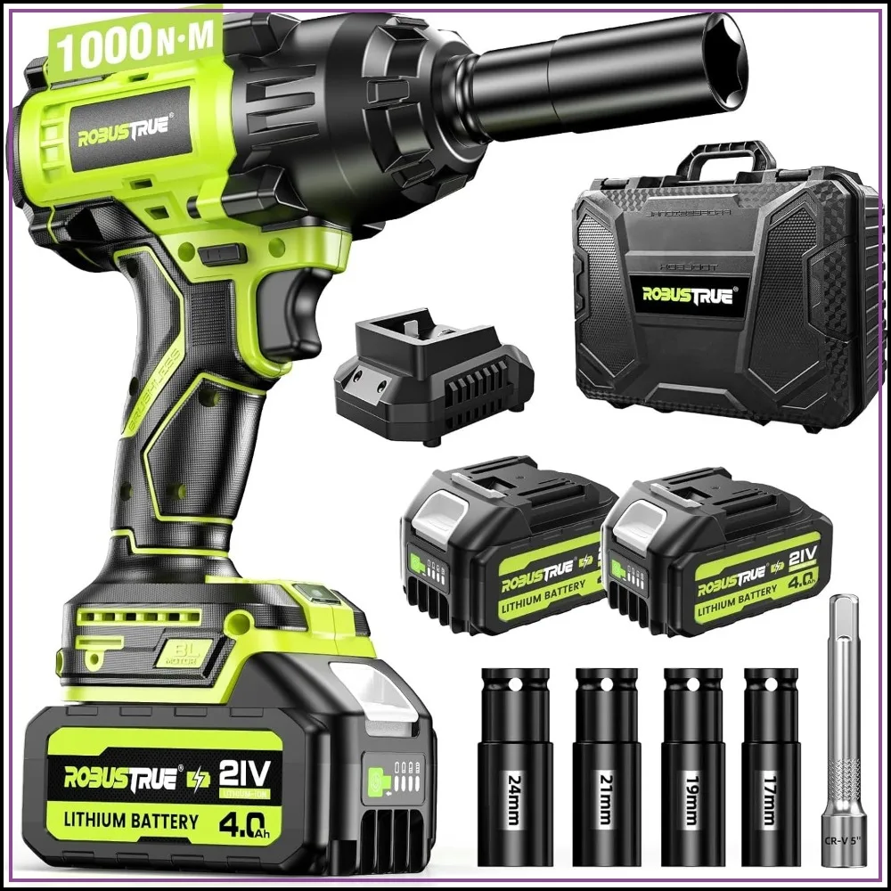 Cordless Impact Wrench 738ft-lbs, High Torque Brushless 1/2 Impact Gun, 2x4.0Ah Battery, Fast Charger, 4 Sockets for Car Tires
Cordless Impact Wrench 738ft-lbs, High Torque Brushless 1/2 Impact Gun, 2x4.0Ah Battery, Fast Charger, 4 Sockets for Car Tires