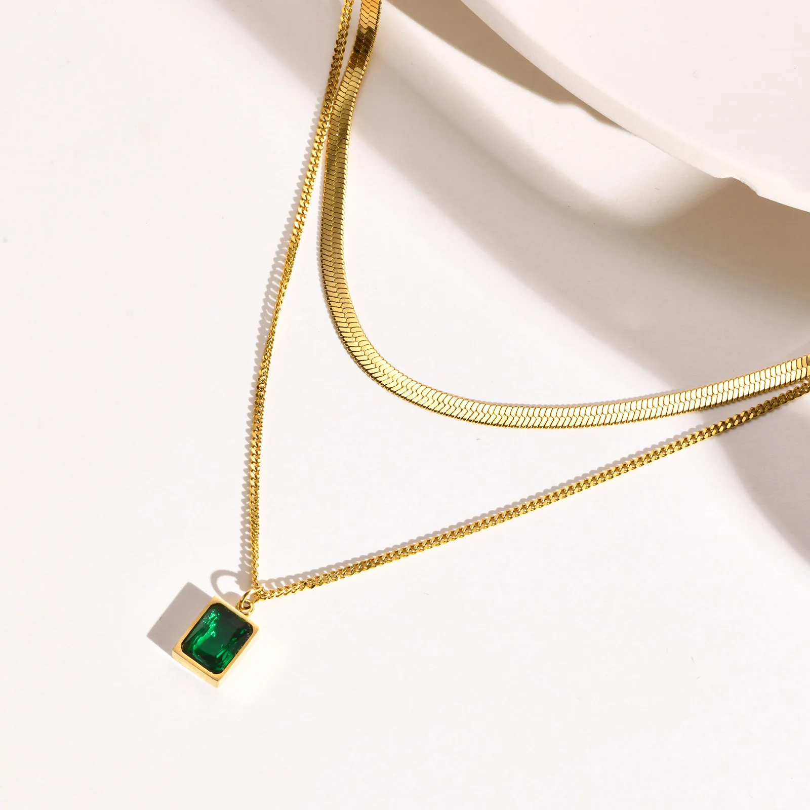 Layering Necklace for Women, Gold Plated Stainless Steel Green Zirconia Rectangle Pendant, Herringbone Chain Choker, Set 2Pcs
Layering Necklace for Women, Gold Plated Stainless Steel Green Zirconia Rectangle Pendant, Herringbone Chain Choker, Set 2Pcs