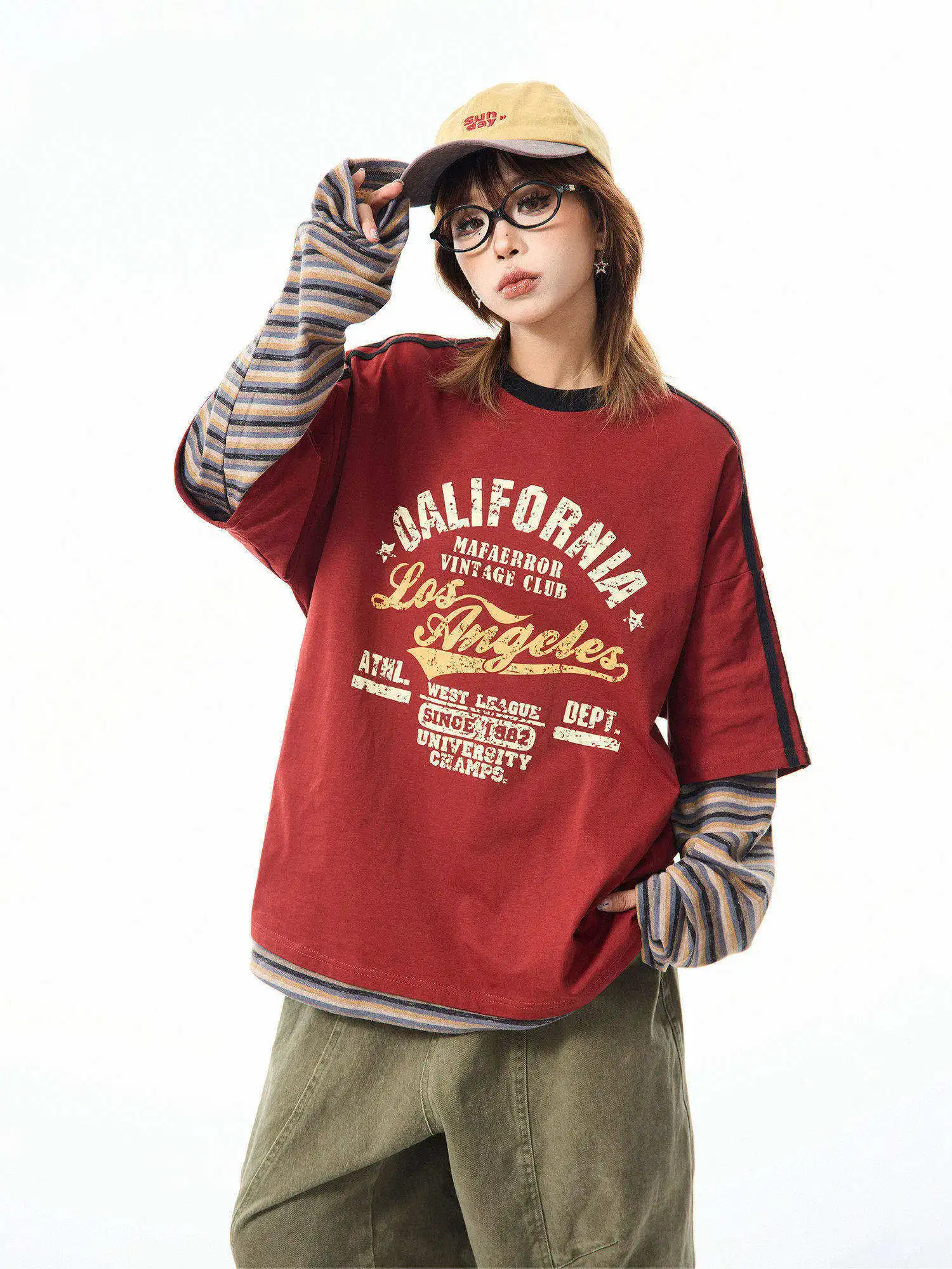 Loose Long Sve round Ne Striped T-irt Women's Spring Casual Sle Base irt MAIKAO American Sle Fake Two-Piece
Loose Long Sve round Ne Striped T-irt Women's Spring Casual Sle Base irt MAIKAO American Sle Fake Two-Piece