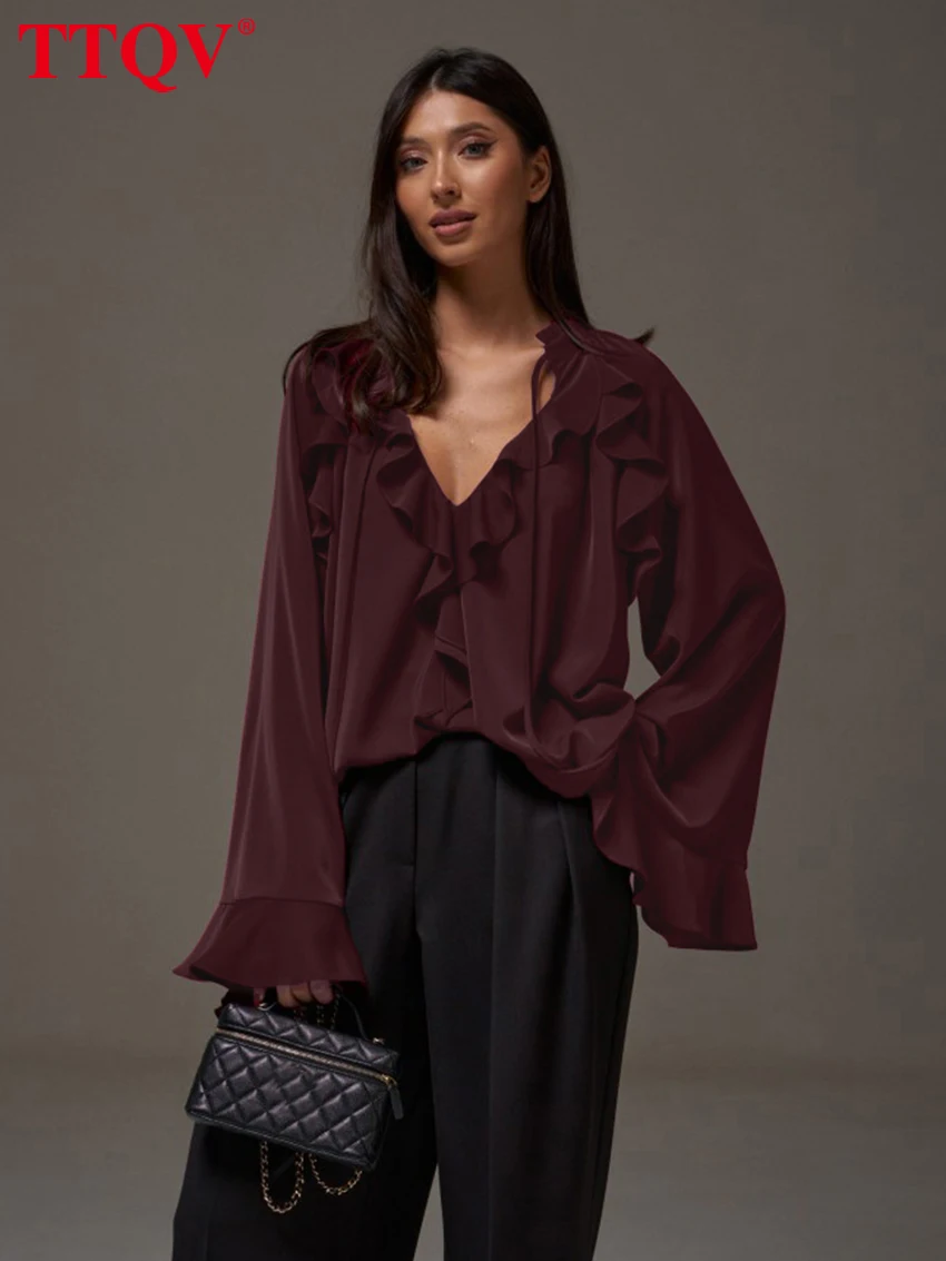 TTQV Sexy Loose Wine Red Women's Shirt 2026 Spring V-Neck Long Sleeve Blouse Elegant Classic Ruffles Solid Top Female Clothing
TTQV Sexy Loose Wine Red Women's Shirt 2026 Spring V-Neck Long Sleeve Blouse Elegant Classic Ruffles Solid Top Female Clothing