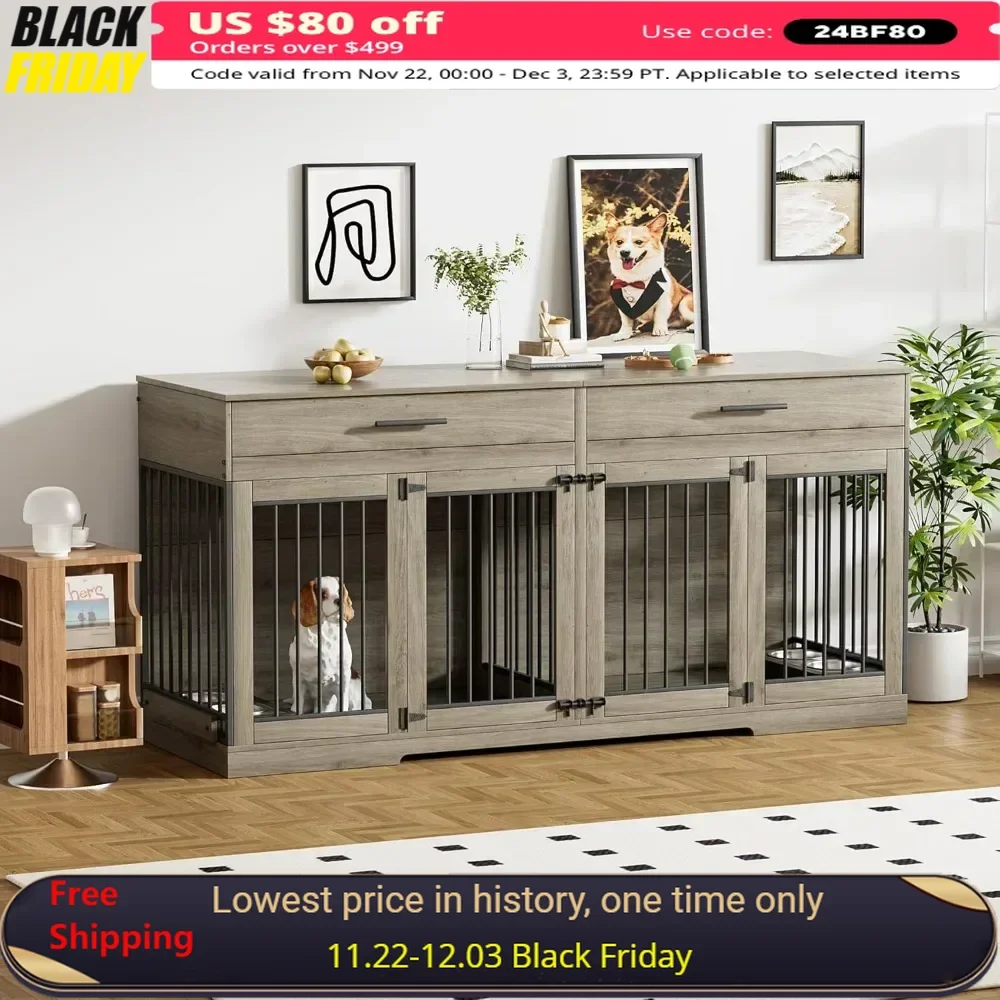 72" Dog Crate, Large Dogs Kennel Furniture with 2 Storage Drawer and Removable Divider, Wooden Dog Cage with 4 Bowls
72" Dog Crate, Large Dogs Kennel Furniture with 2 Storage Drawer and Removable Divider, Wooden Dog Cage with 4 Bowls