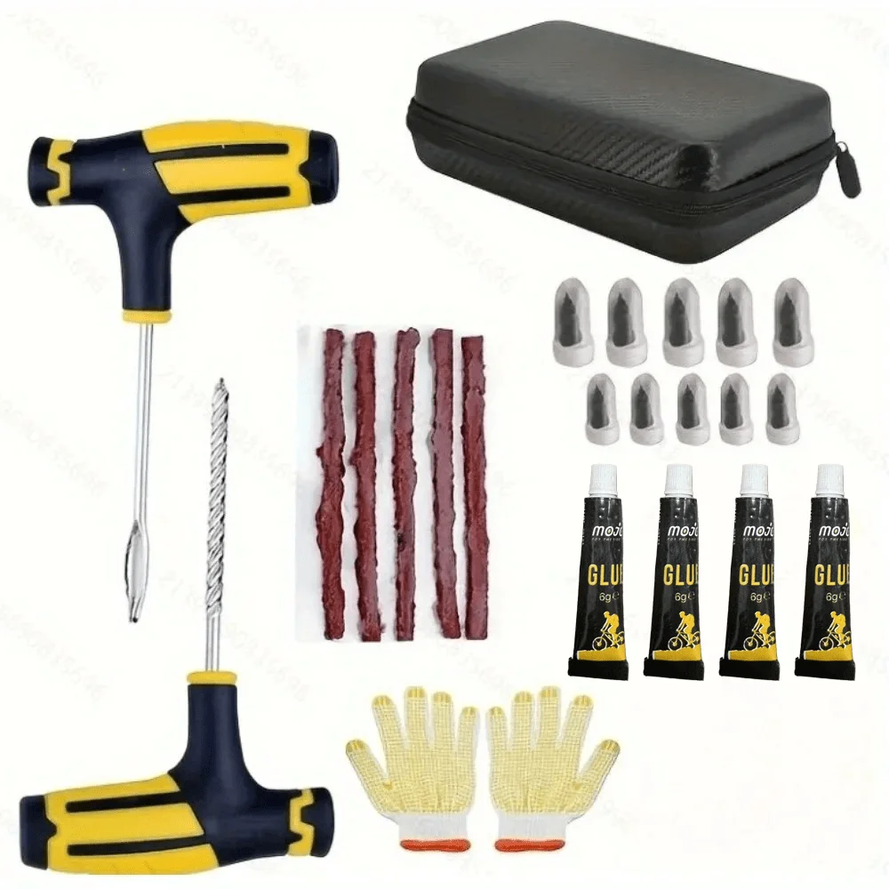 Tire Repair Kit: Powerful Glue Strips/Plugs & Durable Carbon Fiber Case Suitable for cars motorcycles, bicycles, trucks and RVs.
Tire Repair Kit: Powerful Glue Strips/Plugs & Durable Carbon Fiber Case Suitable for cars motorcycles, bicycles, trucks and RVs.