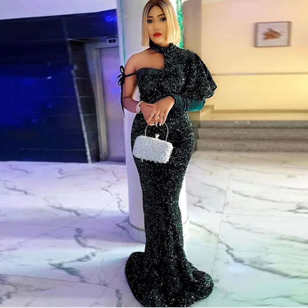 Dark Green Sequined Evening Gowns Sparkly High Neck One Long Sleeve Prom Dresses African Women Formal Occasion Party Dress
Dark Green Sequined Evening Gowns Sparkly High Neck One Long Sleeve Prom Dresses African Women Formal Occasion Party Dress