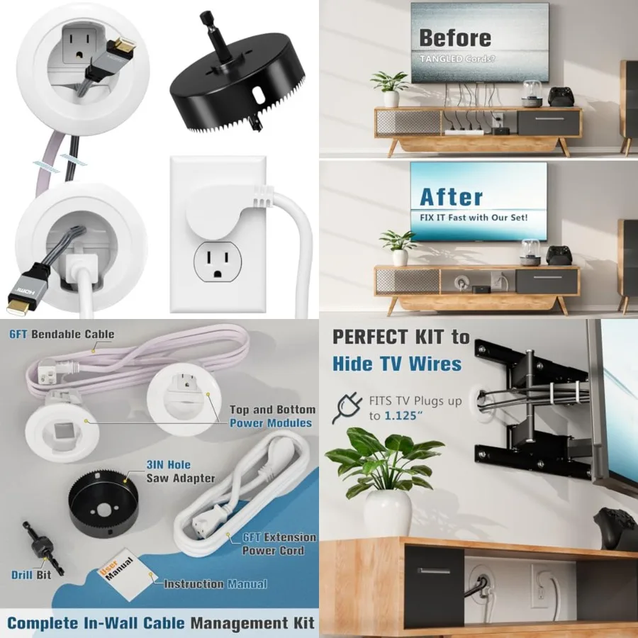 in Wall Cable Management Kit, Power and Low Voltage Wire Organizer with Hole Saw Drill for Easy TV Wall Mounting, TV Cord Hider
in Wall Cable Management Kit, Power and Low Voltage Wire Organizer with Hole Saw Drill for Easy TV Wall Mounting, TV Cord Hider