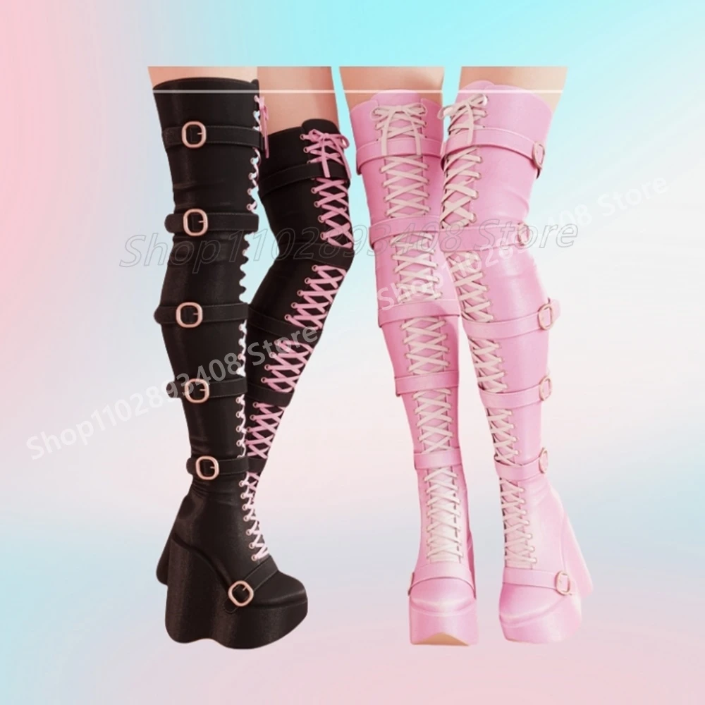 Mutilcolor Buckle Belts Lace-up Over the Knee Boots Wedges High Heel Platform Fashion Sexy Women Shoes 2025 Zapatos Para Mujere
Mutilcolor Buckle Belts Lace-up Over the Knee Boots Wedges High Heel Platform Fashion Sexy Women Shoes 2025 Zapatos Para Mujere