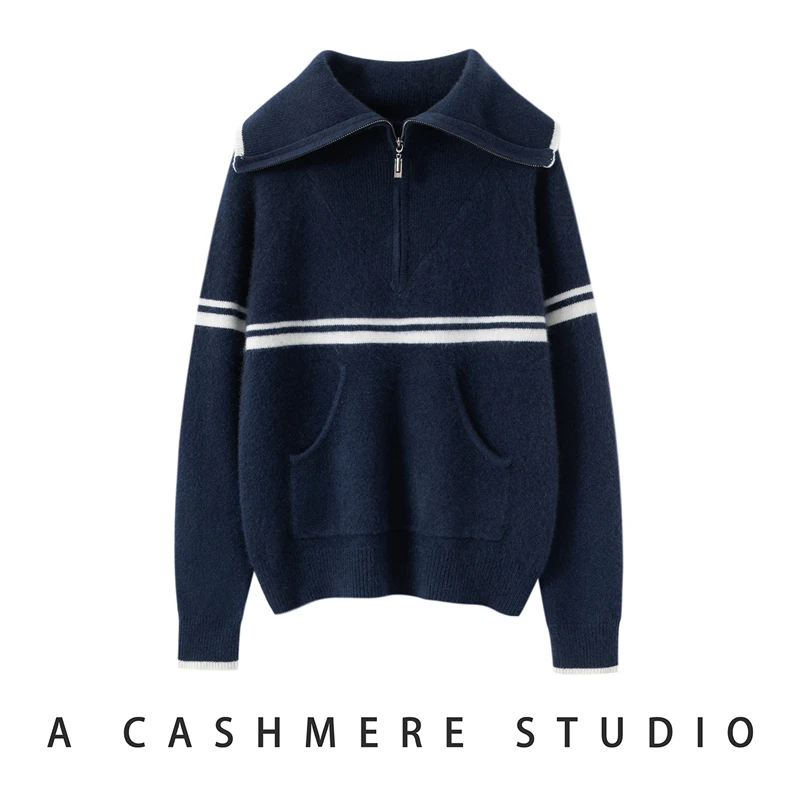 Women's Half Zipper Sailor Collar Pullover 100% Cashmere Sweater Autumn Winter Loose Contrasting Knitwear Thick Pockets Clothes
Women's Half Zipper Sailor Collar Pullover 100% Cashmere Sweater Autumn Winter Loose Contrasting Knitwear Thick Pockets Clothes