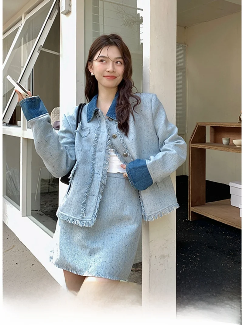 Retro Denim Set ort Skirt Women's Autumn Winter Tassel Splicing A-Line Skirt Two-Piece Set Faionable Ensemble
Retro Denim Set ort Skirt Women's Autumn Winter Tassel Splicing A-Line Skirt Two-Piece Set Faionable Ensemble