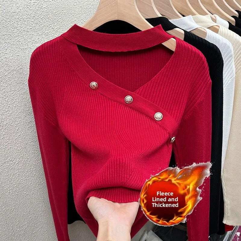 Women's Fleece Lined Thickened Hanging Neck Knitted Sweater Hollow out Warmth Emitting V-neck Long Sleeve Slim Fit Top
Women's Fleece Lined Thickened Hanging Neck Knitted Sweater Hollow out Warmth Emitting V-neck Long Sleeve Slim Fit Top