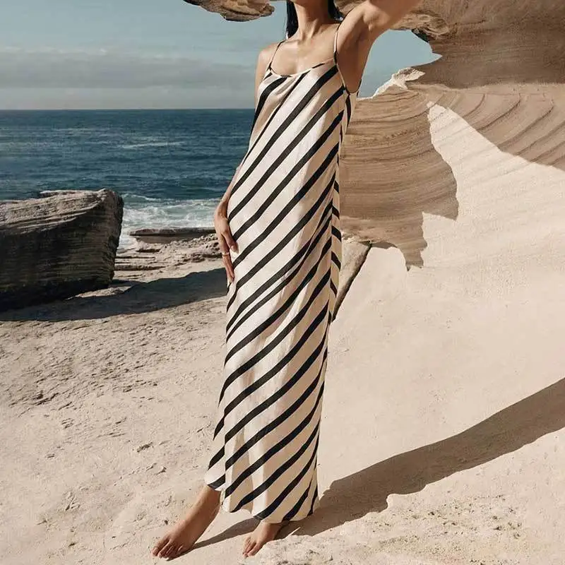 Women's Casual Stripe Sleeveless U-neck Dress, Suspender Dress for Ladies, New Fashion Temperament Maxi Robe, Summer
Women's Casual Stripe Sleeveless U-neck Dress, Suspender Dress for Ladies, New Fashion Temperament Maxi Robe, Summer