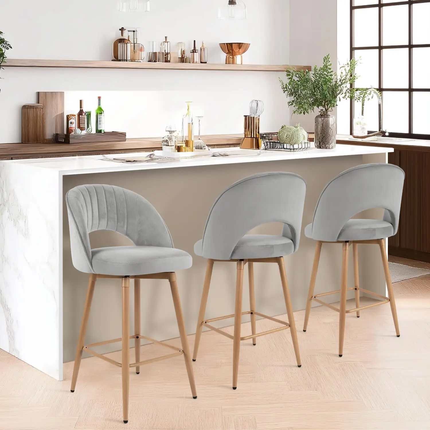 3-Piece Swivel Bar Stools, Counter Height, Velvet Upholstered with Back Support and Footrest, Gray
3-Piece Swivel Bar Stools, Counter Height, Velvet Upholstered with Back Support and Footrest, Gray