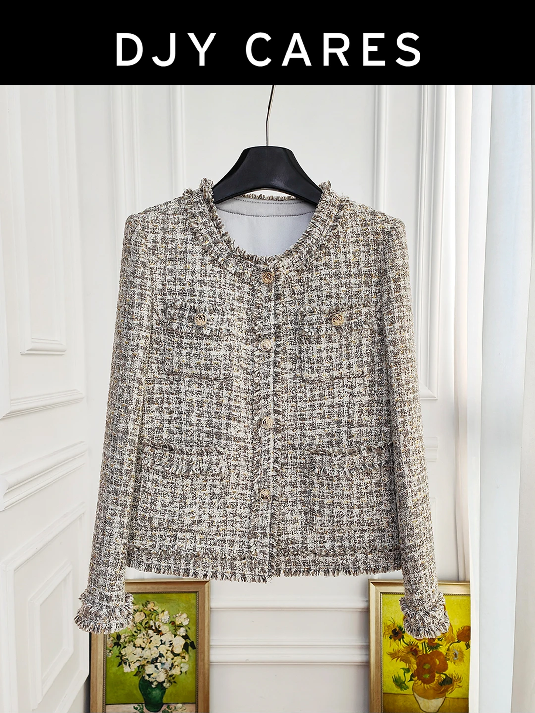 New Grey fashionable versatile coat, coarse tweed fringe short top big size
New Grey fashionable versatile coat, coarse tweed fringe short top big size