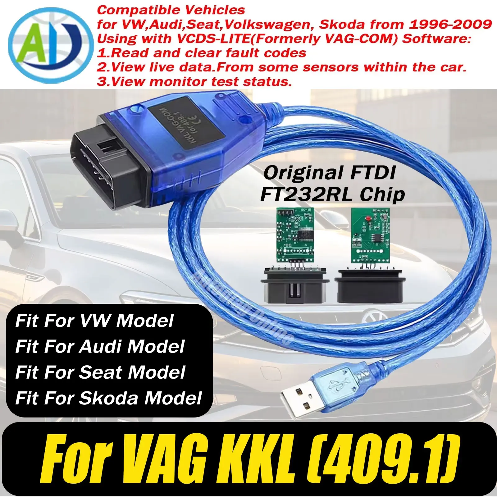 OBD2 Interface Cable For VAG KKL 409.1 Original FTDI FT232RL For VW/Audi/Skoda/Seat OBD2 Car Diagnostic Scanner Tool with USB
OBD2 Interface Cable For VAG KKL 409.1 Original FTDI FT232RL For VW/Audi/Skoda/Seat OBD2 Car Diagnostic Scanner Tool with USB