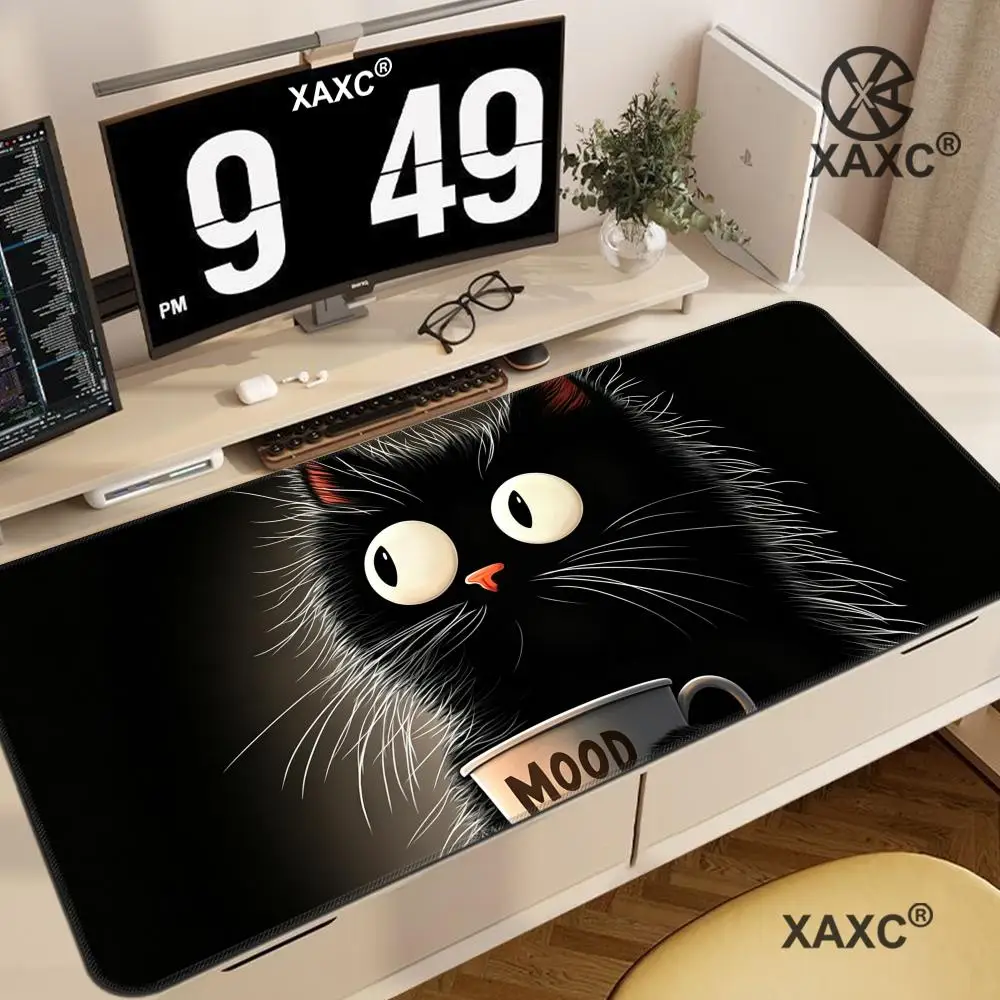 Large Gaming Mouse Pad Cute Black Cat Coffee Design Non-Slip Rubber Base Washable Computer Desk Accessory PC Game Office XAXC